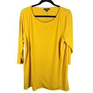 Alfani Tunic Top Womens L Yellow 3/4 Sleeve Side Slit Stretch Round Neck